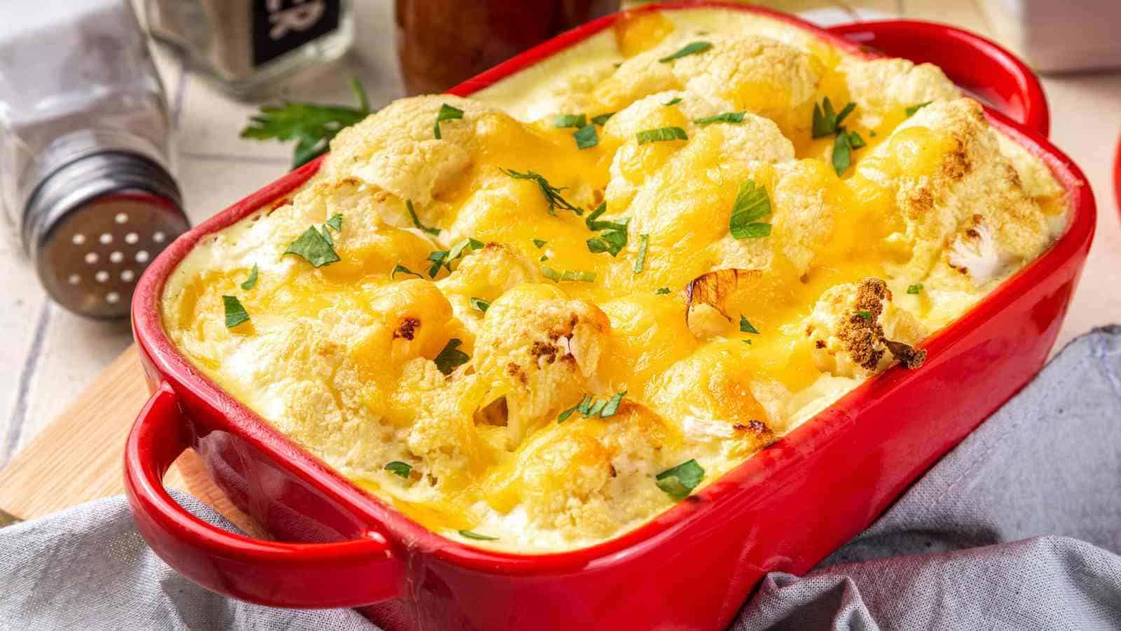 A red baking dish filled with baked cauliflower topped with melted cheese and garnished with chopped parsley.