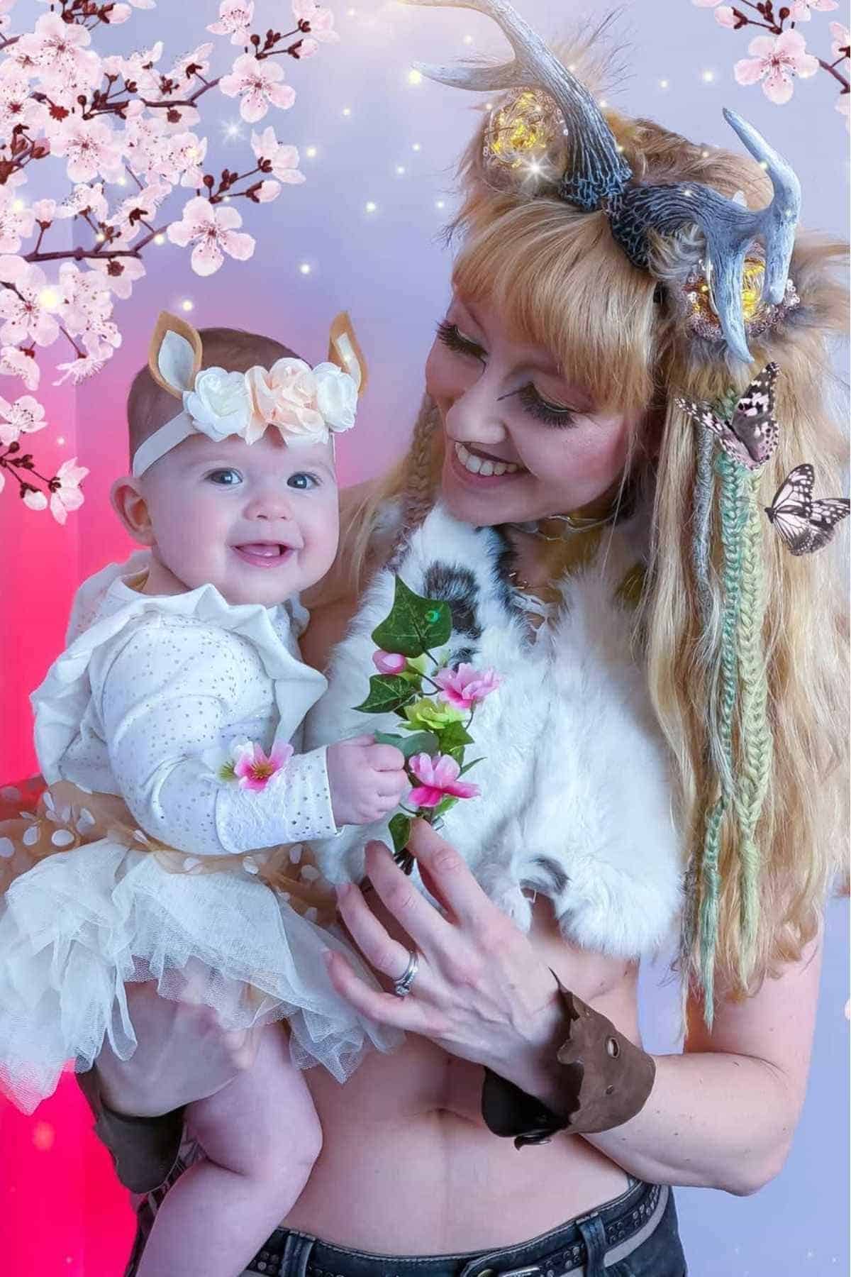 An adult and a baby dressed in deer-themed costumes with flower accessories, standing in front of a pastel background with cherry blossom decorations.