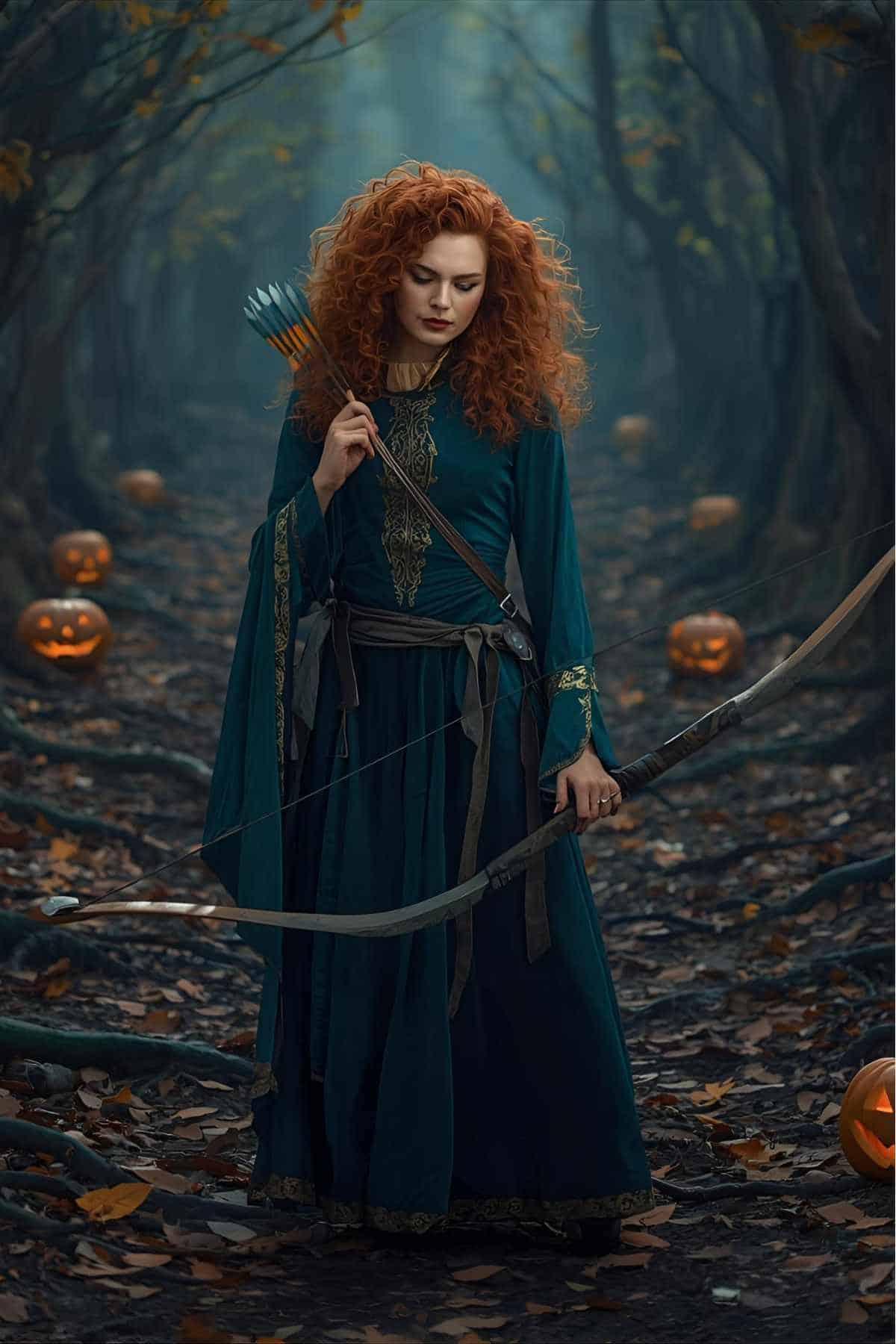 A woman with curly red hair in a green medieval-style dress holds a bow and arrows, standing on a leaf-covered forest path with carved pumpkins around her.