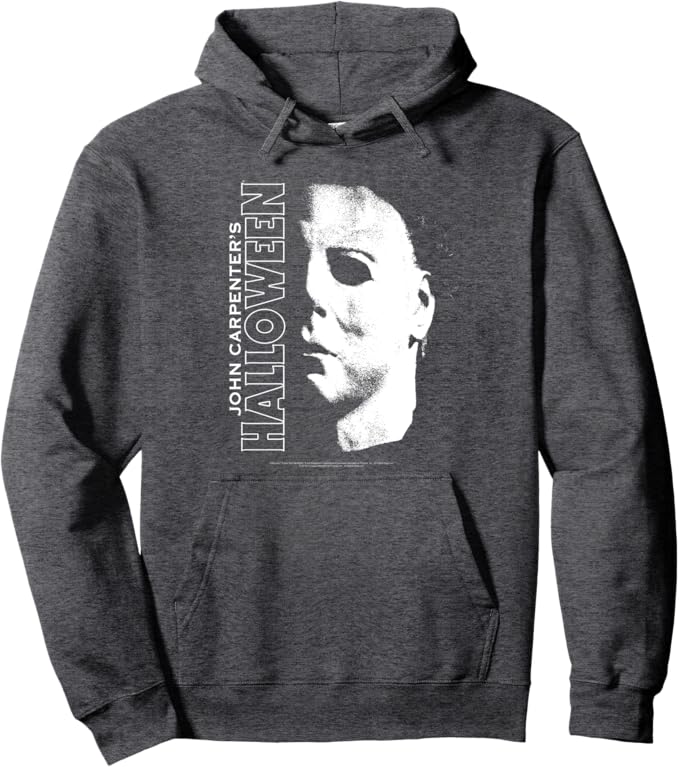 Gray hoodie featuring a large graphic of a masked face and the text "John Carpenter's Halloween" in bold white letters.