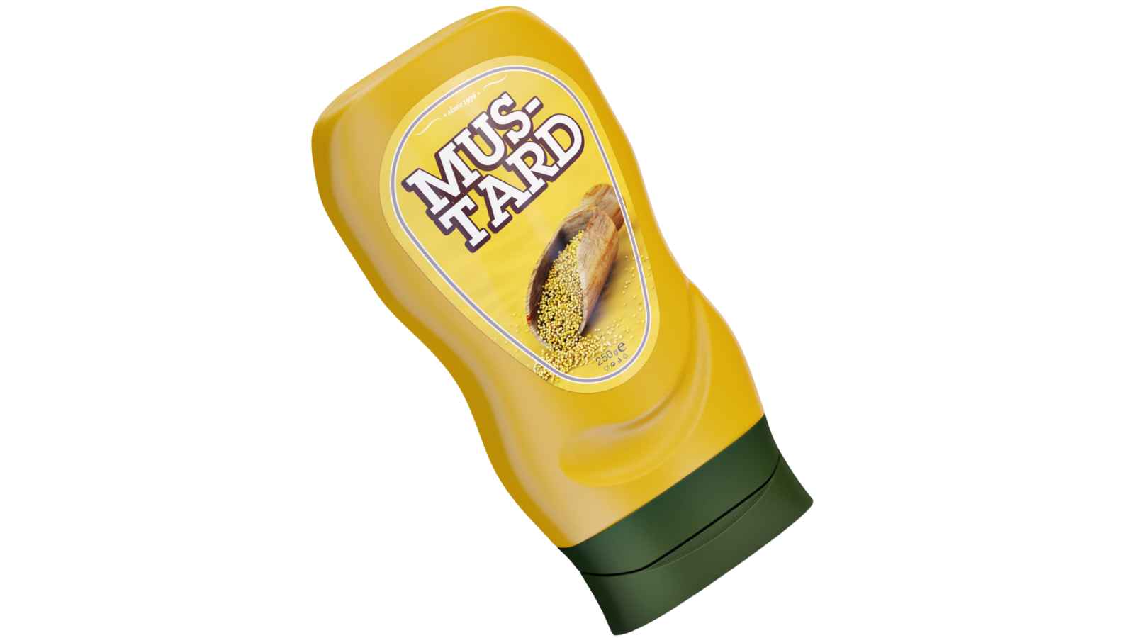 A plastic squeeze bottle of mustard with a yellow label and green cap, featuring an image of mustard seeds and the word "MUSTARD" in bold letters.
