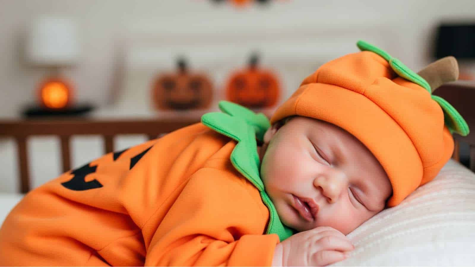 A baby dressed in a pumpkin costume sleeps on a bed, with blurred jack-o'-lantern decorations in the background—an adorable example of Halloween costumes for newborns.