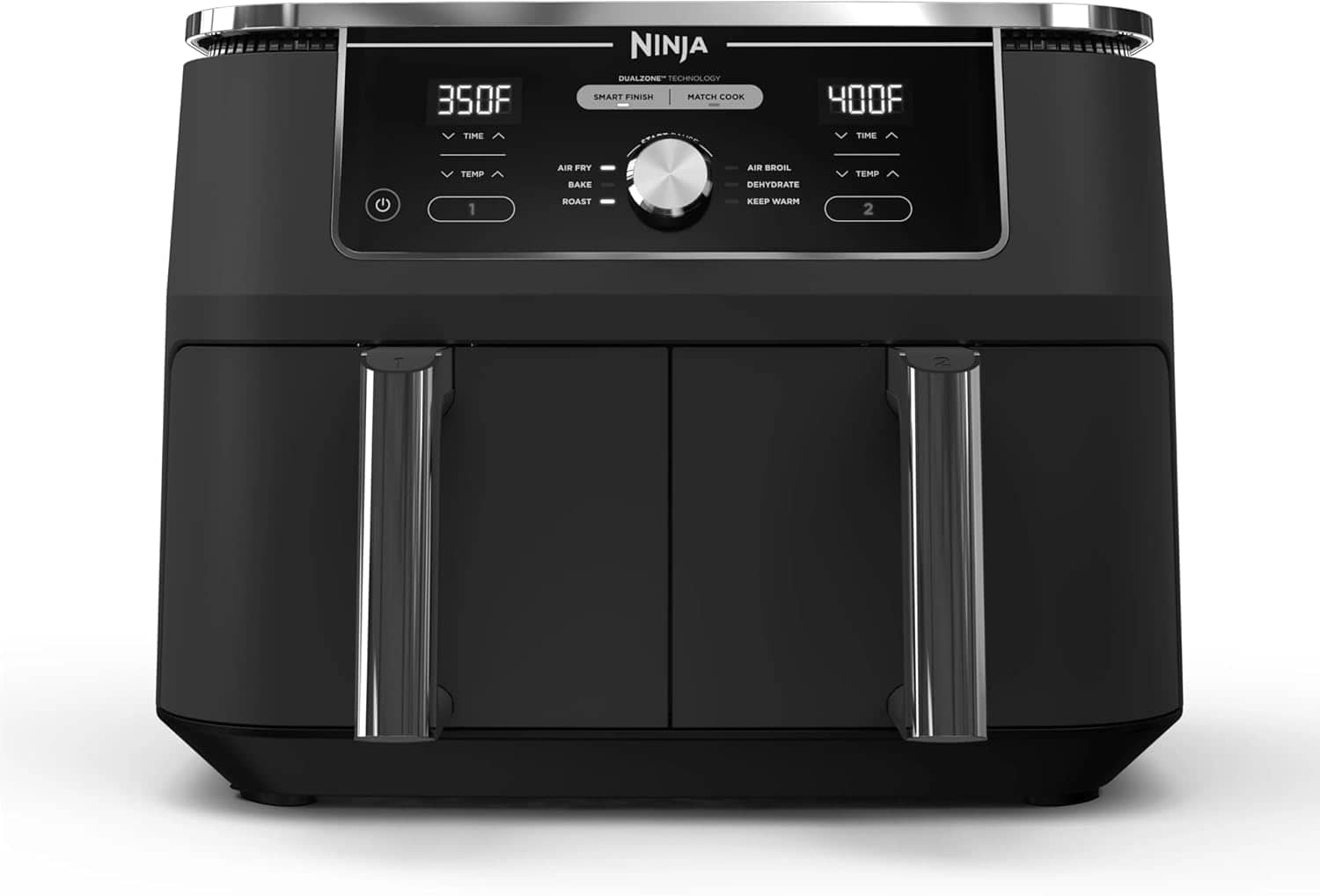 A black Ninja dual-basket air fryer with two handles, a digital display, and separate temperature controls for each side set to 350°F and 400°F.