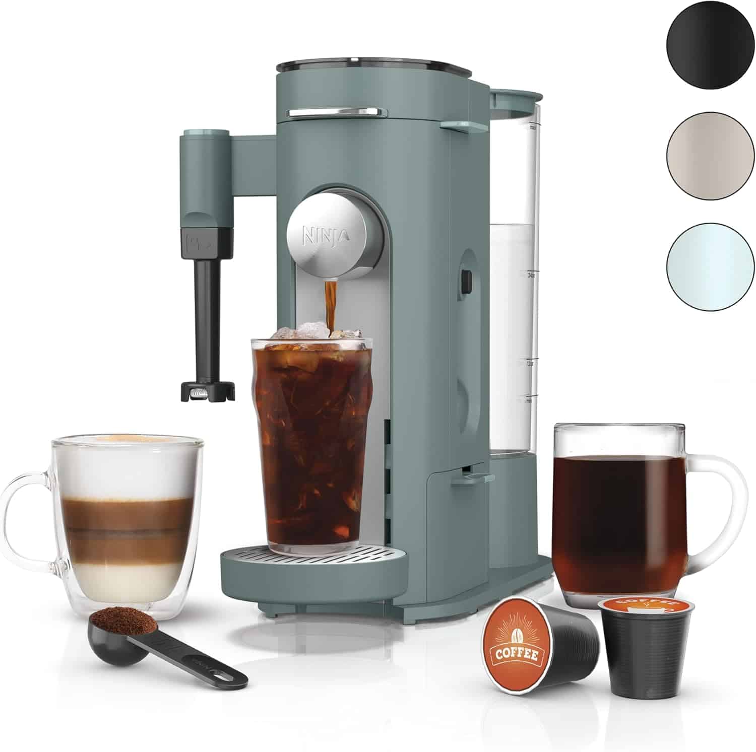 A single-serve coffee maker with a milk frother, three coffee drinks, a scoop with ground coffee, a coffee pod, and three color options displayed in circles.