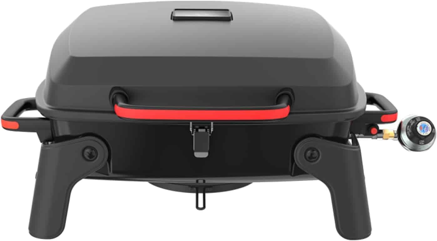 Black portable gas grill with a closed lid, red accent on the handle, two sturdy legs, and a temperature control knob on the right side.