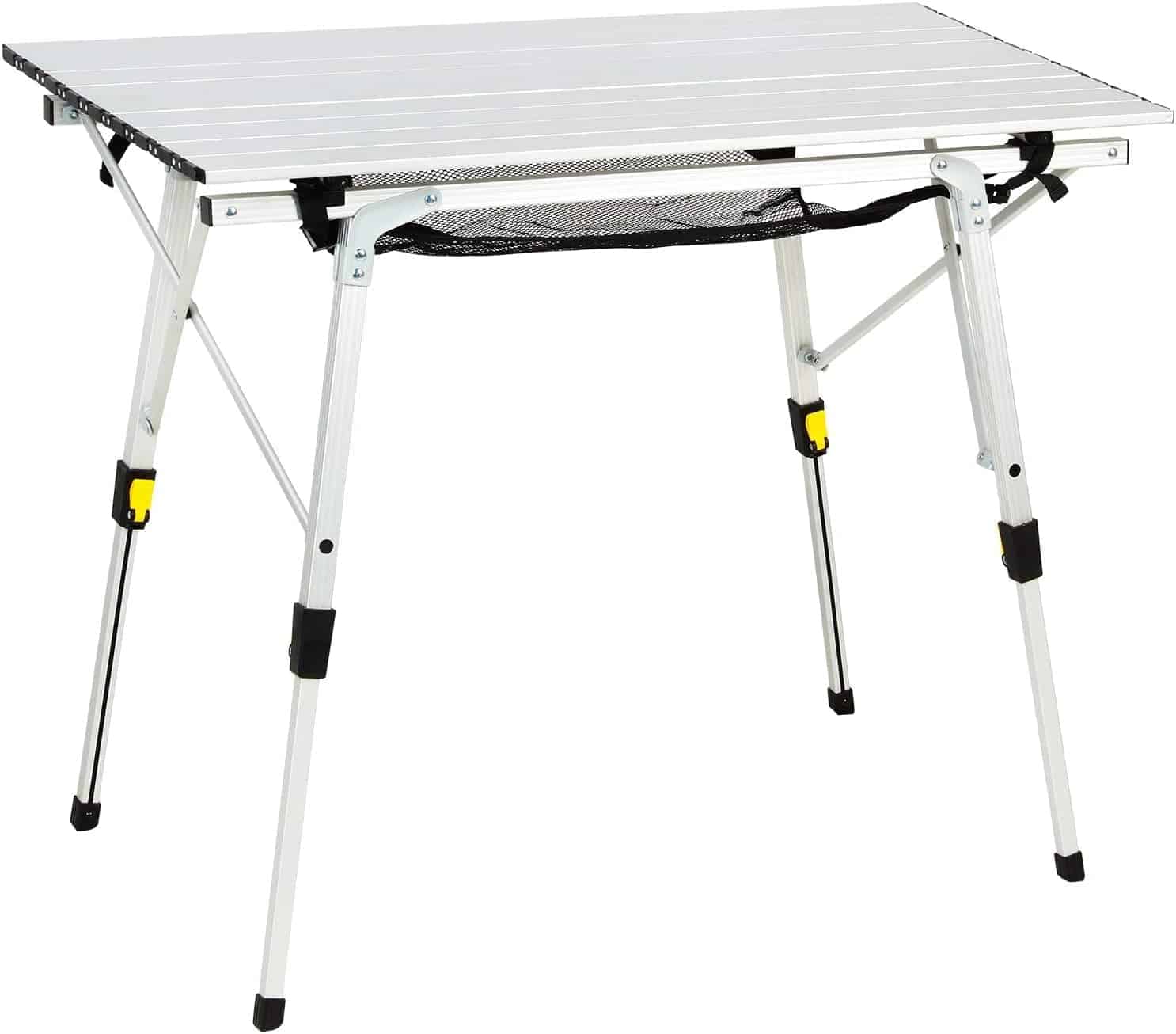 A foldable aluminum camping table with adjustable legs and a black mesh storage shelf underneath the tabletop.