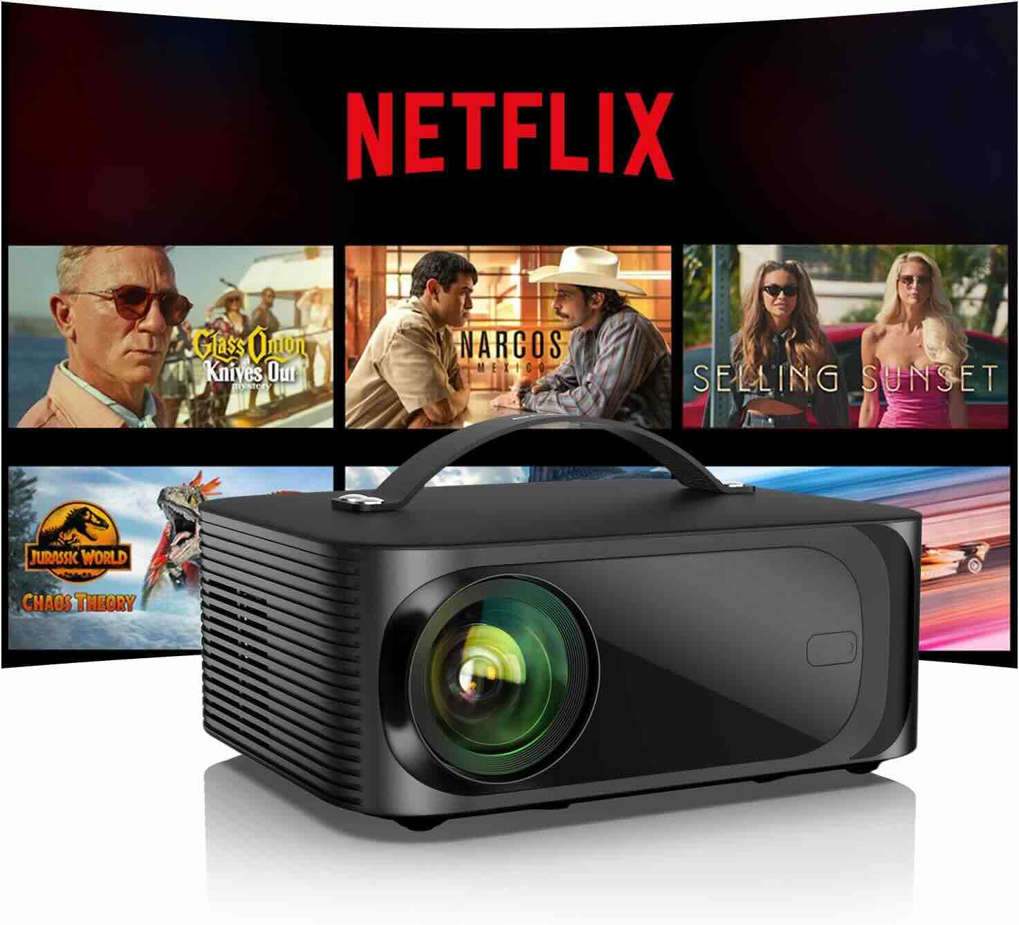 A black projector sits in front of a curved screen displaying Netflix and various movie and TV show thumbnails.
