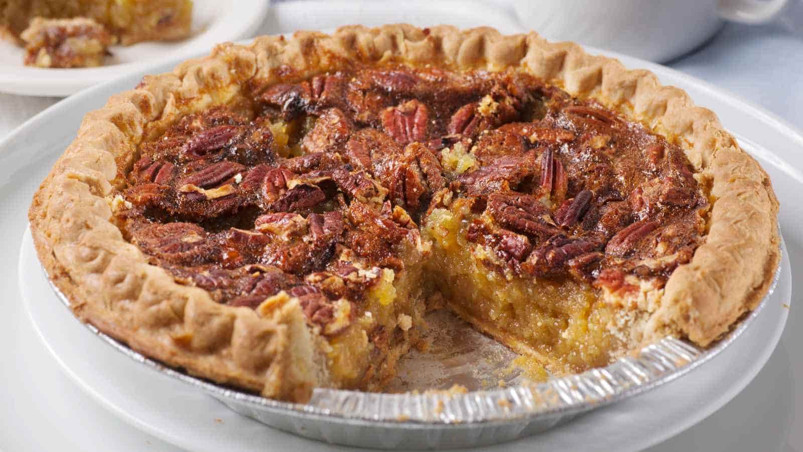 A pecan pie with a slice missing, showing the nut topping and gooey filling in a pastry crust, served on a white plate.