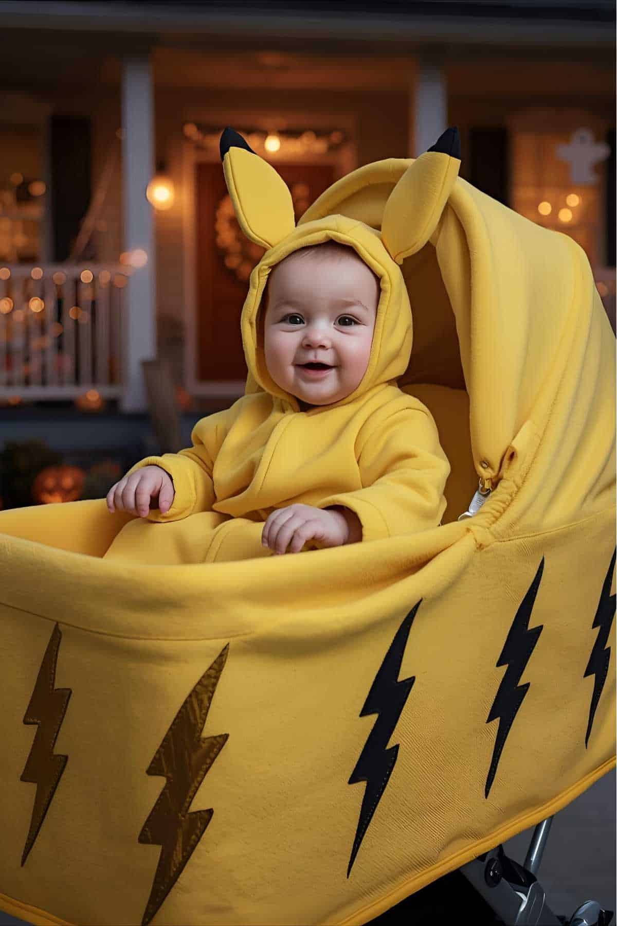 A baby wearing a yellow Pikachu costume sits in a matching stroller decorated with black lightning bolts, in front of a house decorated for Halloween.