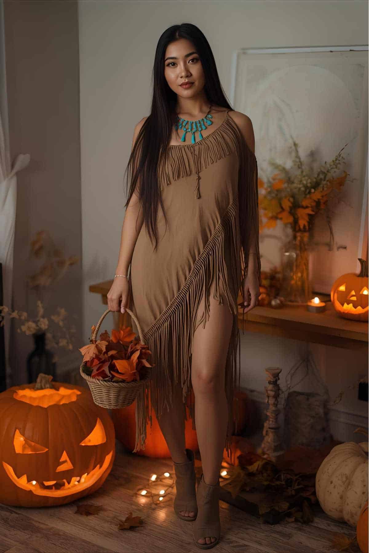 A woman in a tan fringed dress holds a basket of autumn leaves, standing indoors with carved pumpkins and fall decorations around her.