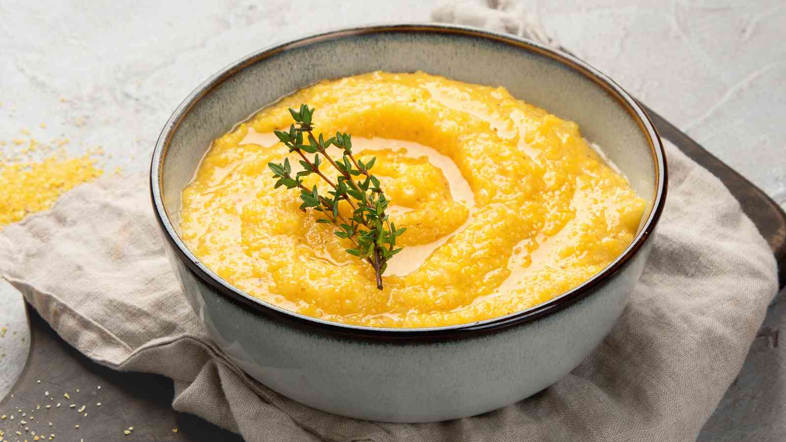 A bowl of creamy yellow polenta garnished with a sprig of fresh thyme, placed on a folded beige cloth.