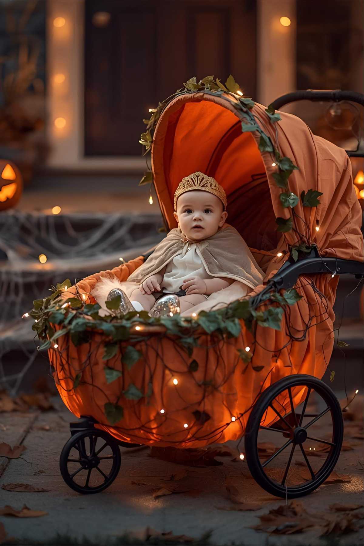 A baby in a pumpkin-themed stroller decorated with lights and leaves, wearing a crown and cape, sits outdoors with Halloween decorations in the background.
