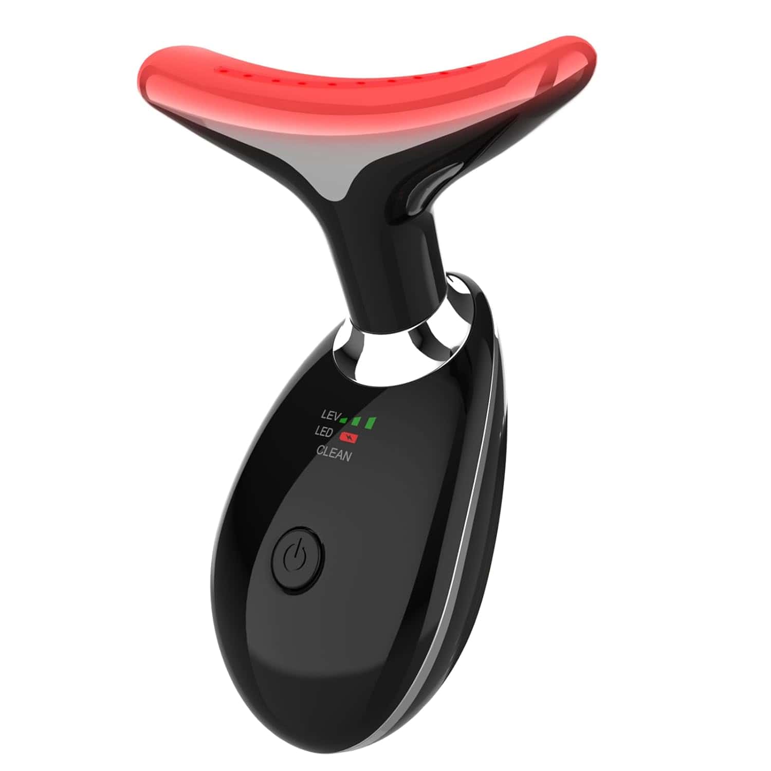 A black handheld electronic beauty device with a red curved top, LED indicator lights, and a power button on the front.
