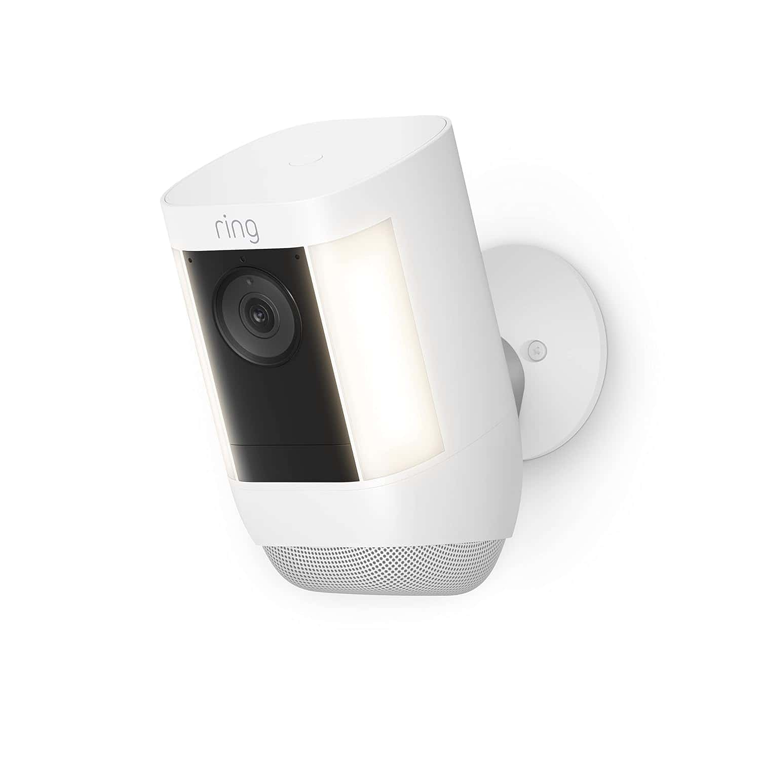 A white Ring security camera with built-in lights and a speaker is mounted on a wall, facing slightly to the left.