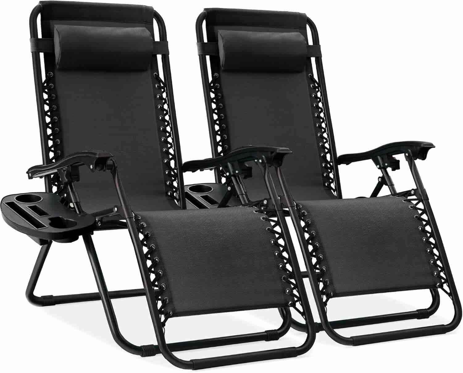 Two black reclining outdoor lounge chairs with headrests, cup holder trays, and metal frames, positioned side by side on a white background.
