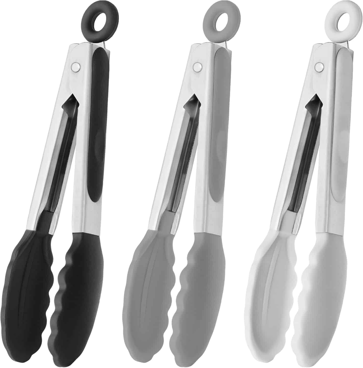 Three kitchen tongs with scalloped silicone grips and metal handles, shown in black, gray, and white, standing upright side by side.