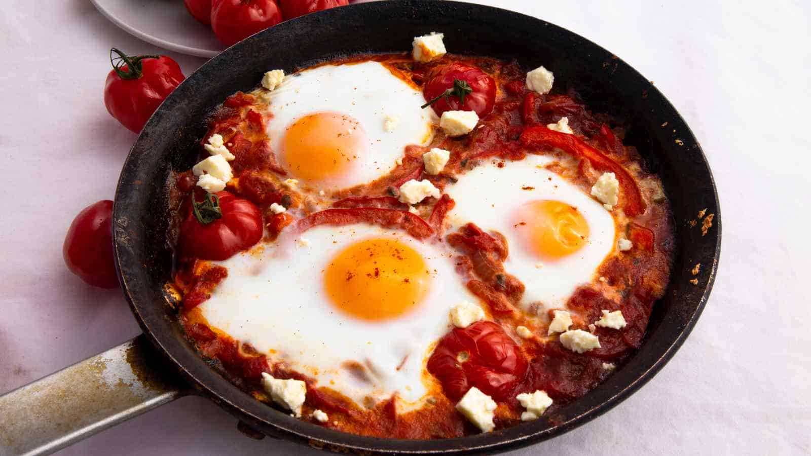 A skillet with three sunny-side-up eggs cooked in tomato sauce, garnished with feta cheese and whole tomatoes, on a white surface.