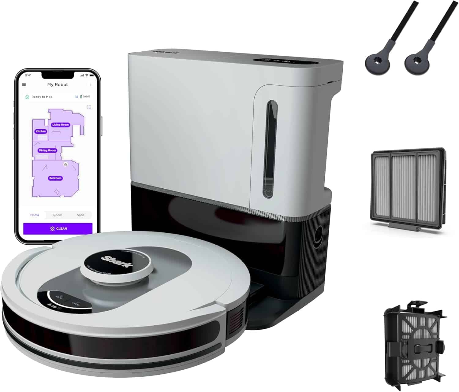 Robot vacuum cleaner with docking station, smartphone displaying cleaning map, two side brushes, a filter, and a dustbin shown on a white background.