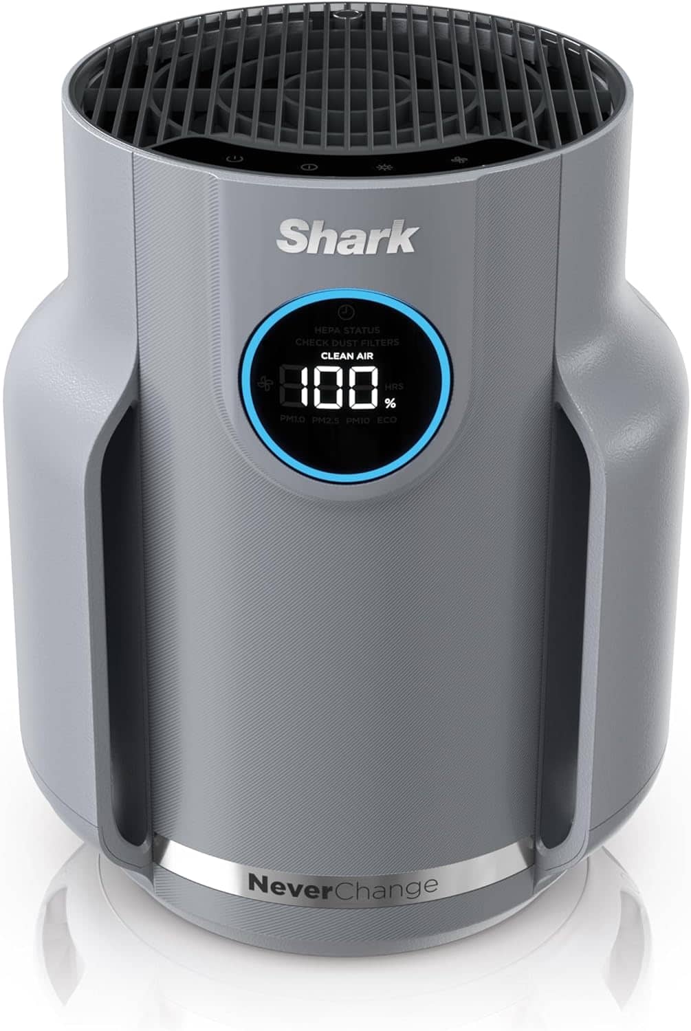 A grey Shark air purifier with a digital display showing "Clean Air 100%," and the words "NeverChange" on the base.