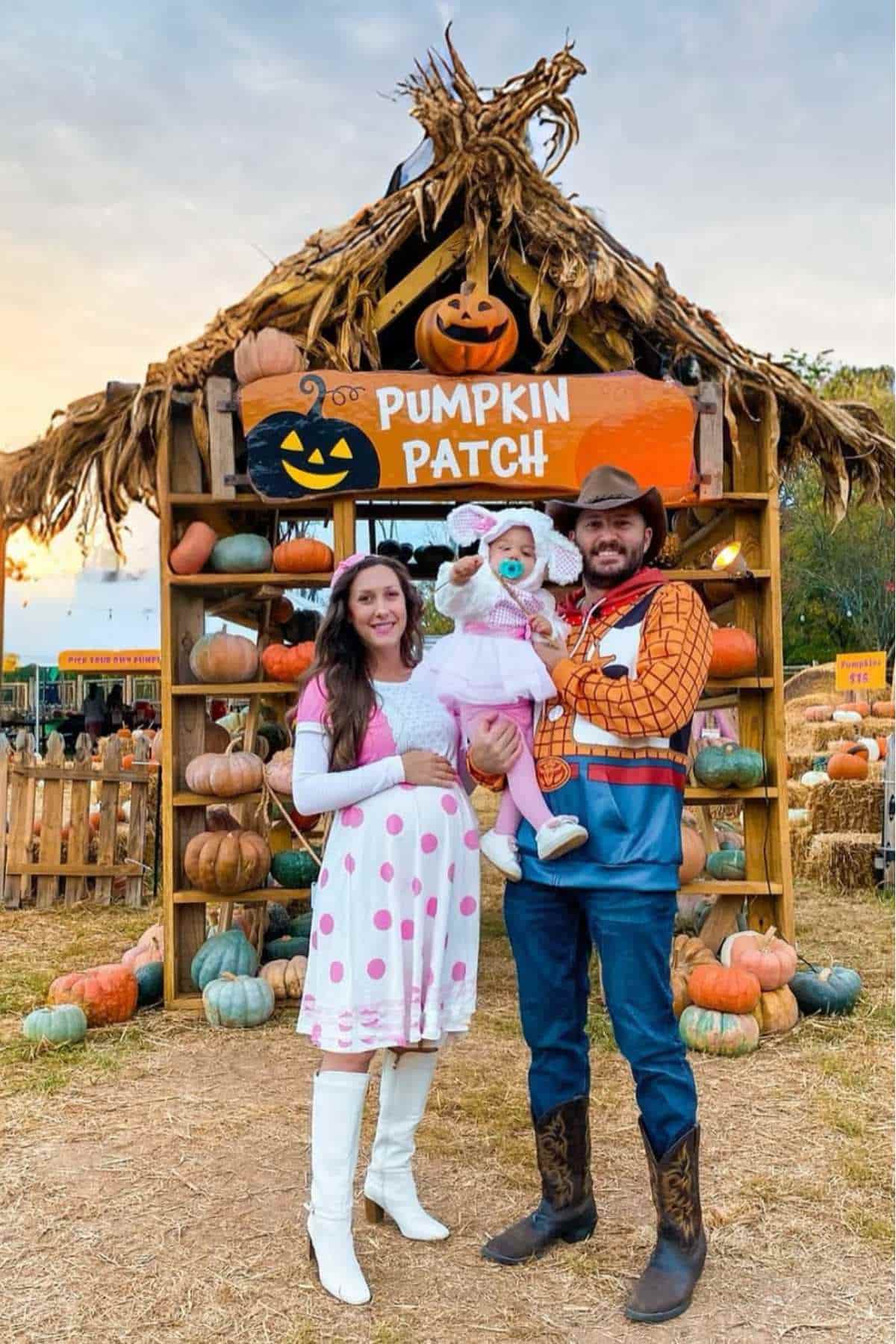 A family in Toy Story-themed costumes—Dad as Woody, Mom as Bo Peep, and the baby as a sheep—stands in front of a pumpkin patch display decorated with pumpkins and a festive sign.