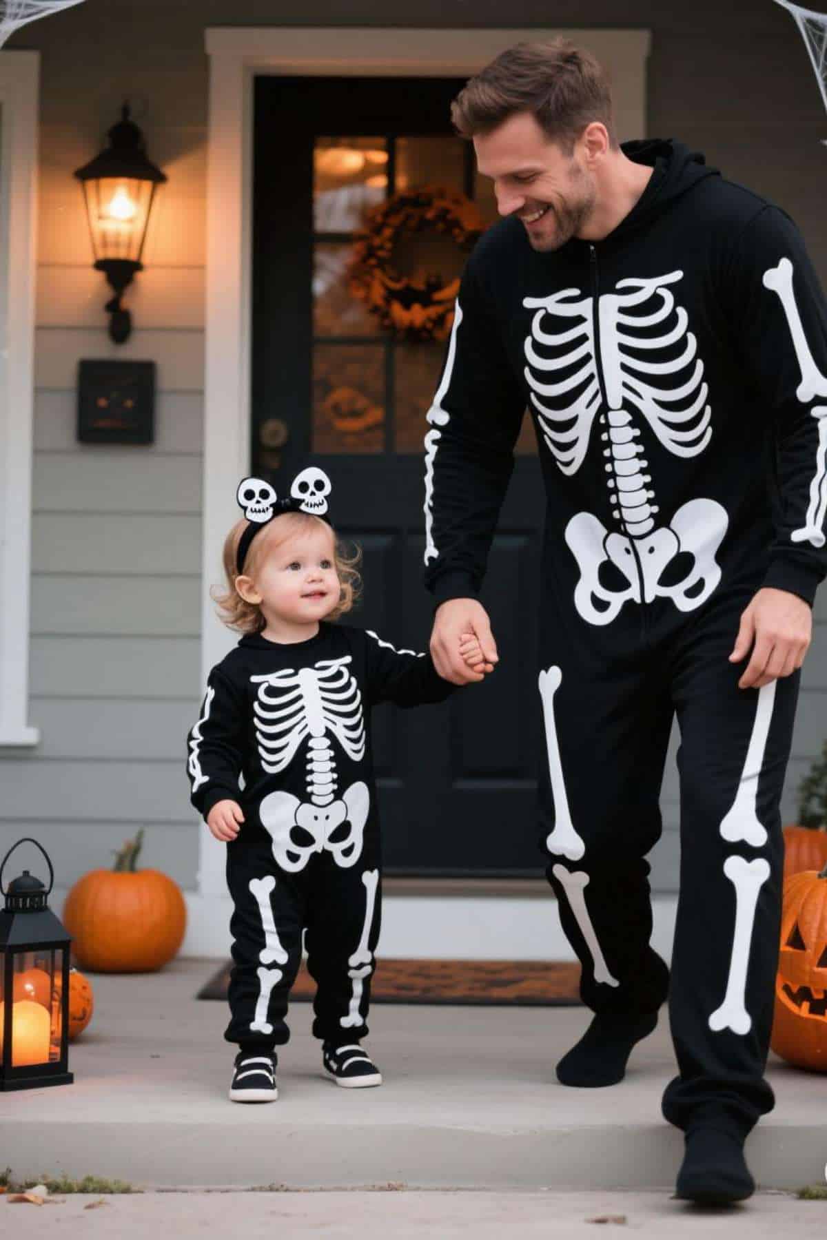 An adult and a child wearing matching skeleton costumes stand on a porch decorated with pumpkins and autumn decor.