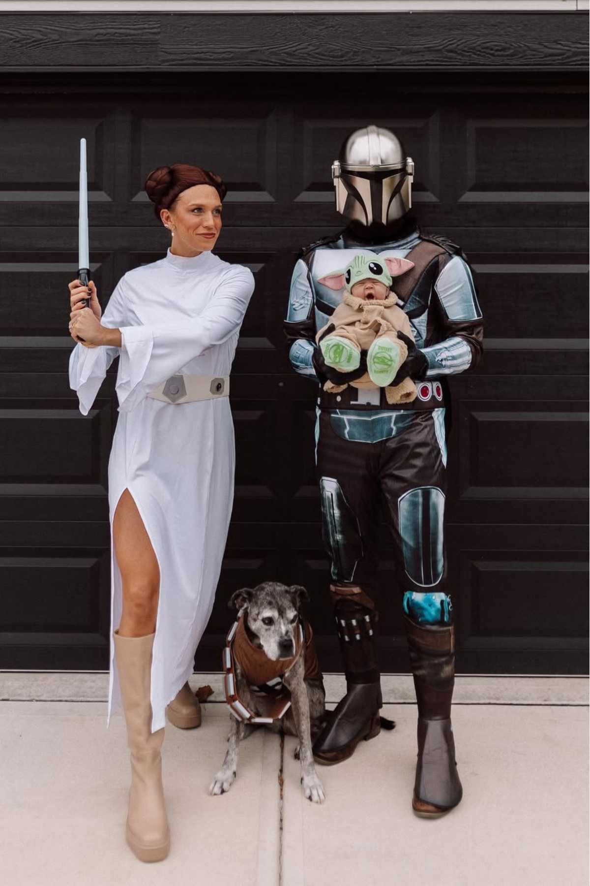 Two adults dressed as Princess Leia and The Mandalorian, a dog in a Chewbacca costume, and a Baby Yoda doll stand in front of a garage door.