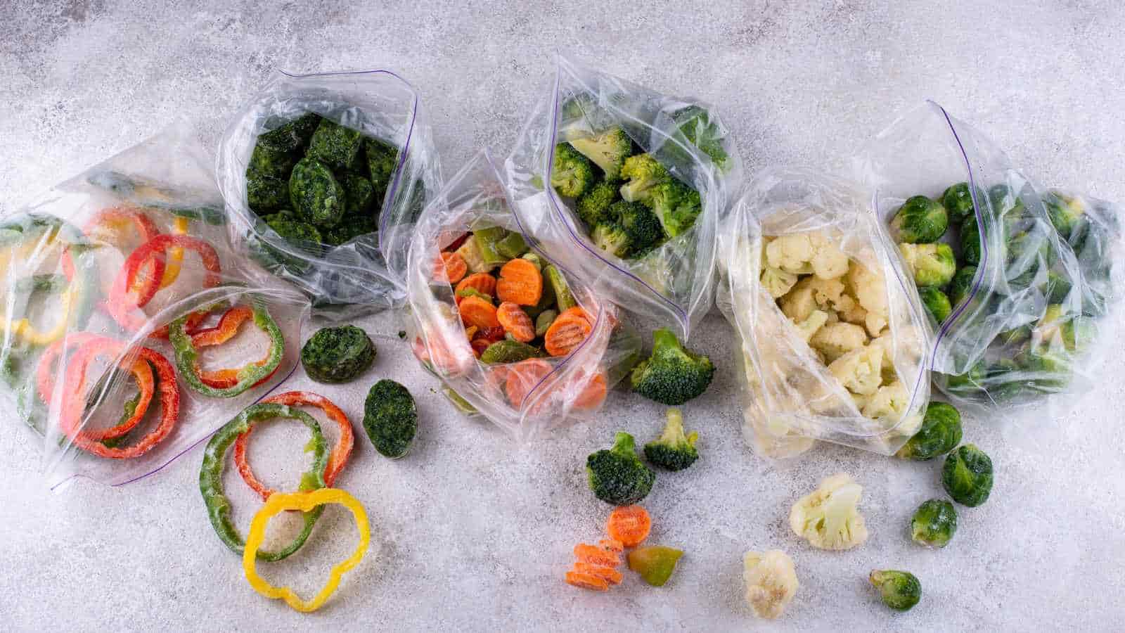 Assorted frozen vegetables, including bell peppers, broccoli, carrots, cauliflower, and Brussels sprouts, in and around clear plastic bags on a light surface.