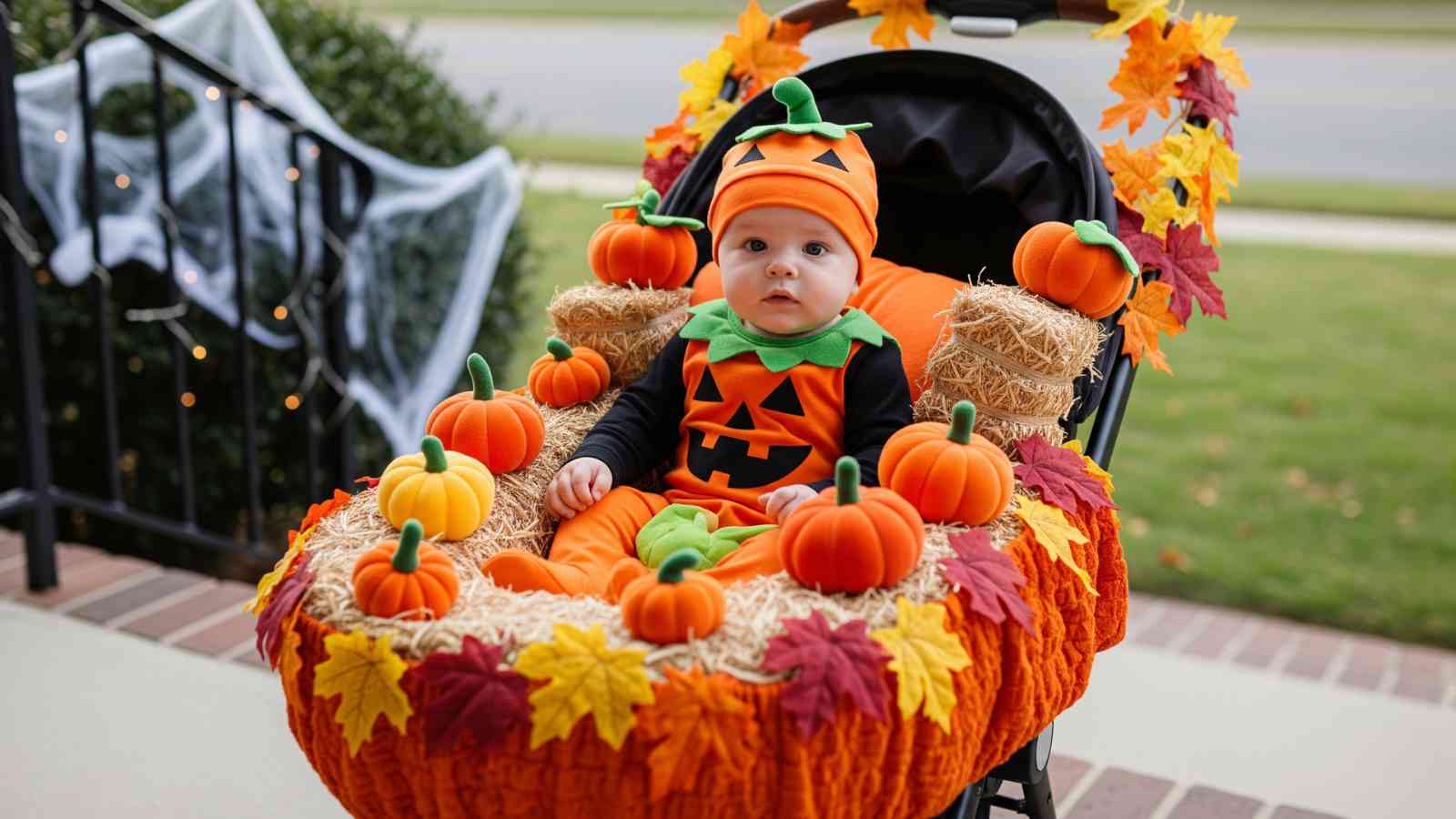 Baby dressed in a pumpkin costume sits in a stroller decorated with hay, artificial pumpkins, and autumn leaves, outdoors near a porch with a spider web decoration.