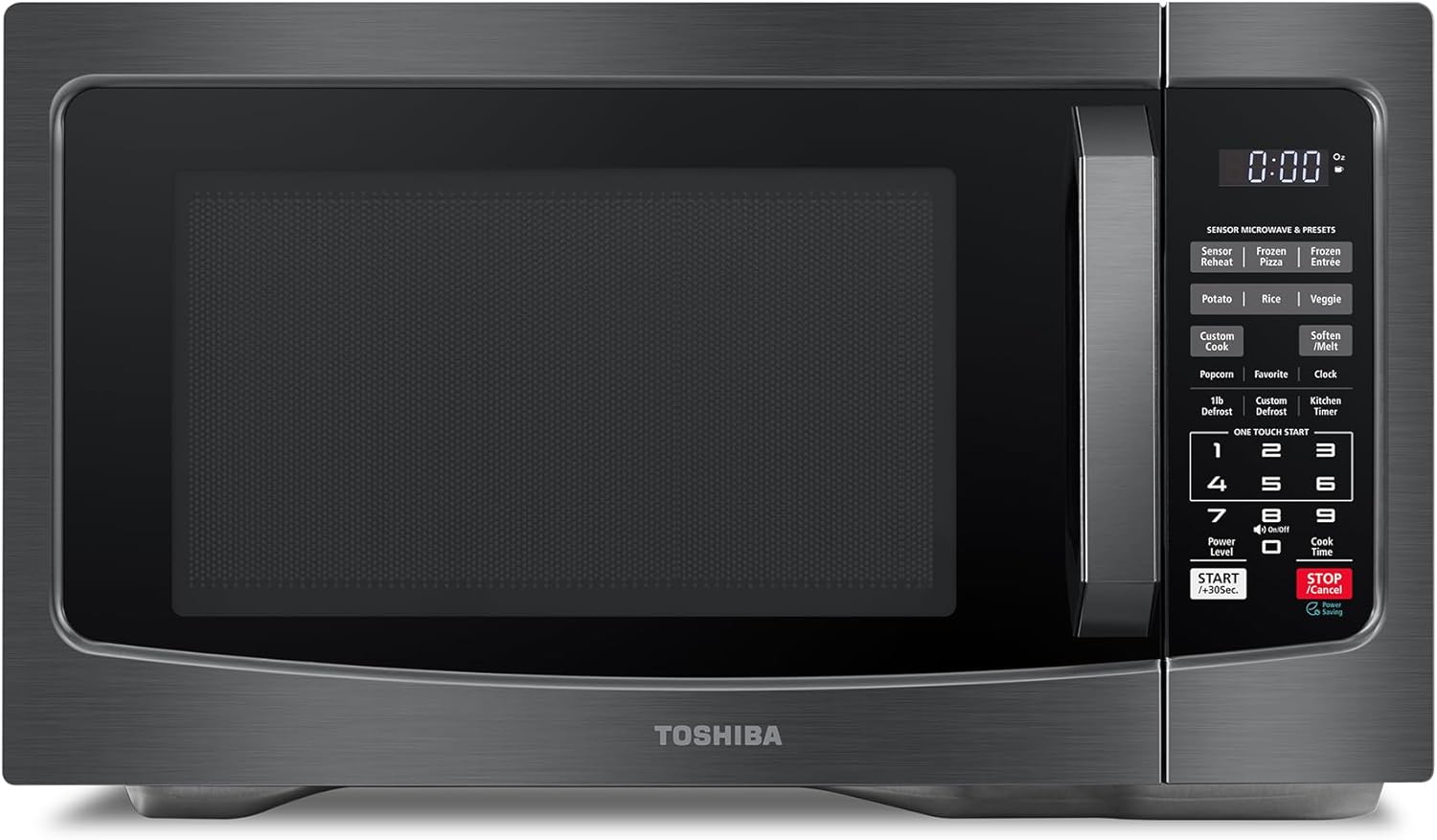 Front view of a black Toshiba microwave oven with a digital display and keypad featuring various cooking options.