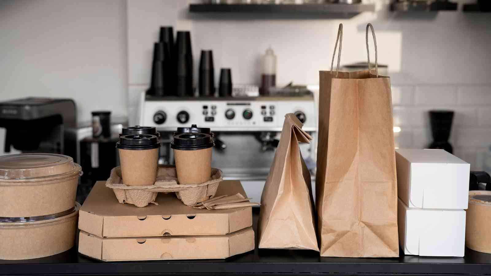 Assorted takeout containers, coffee cups, pizza boxes, and paper bags are arranged on a counter in front of a coffee machine in a cafe setting.