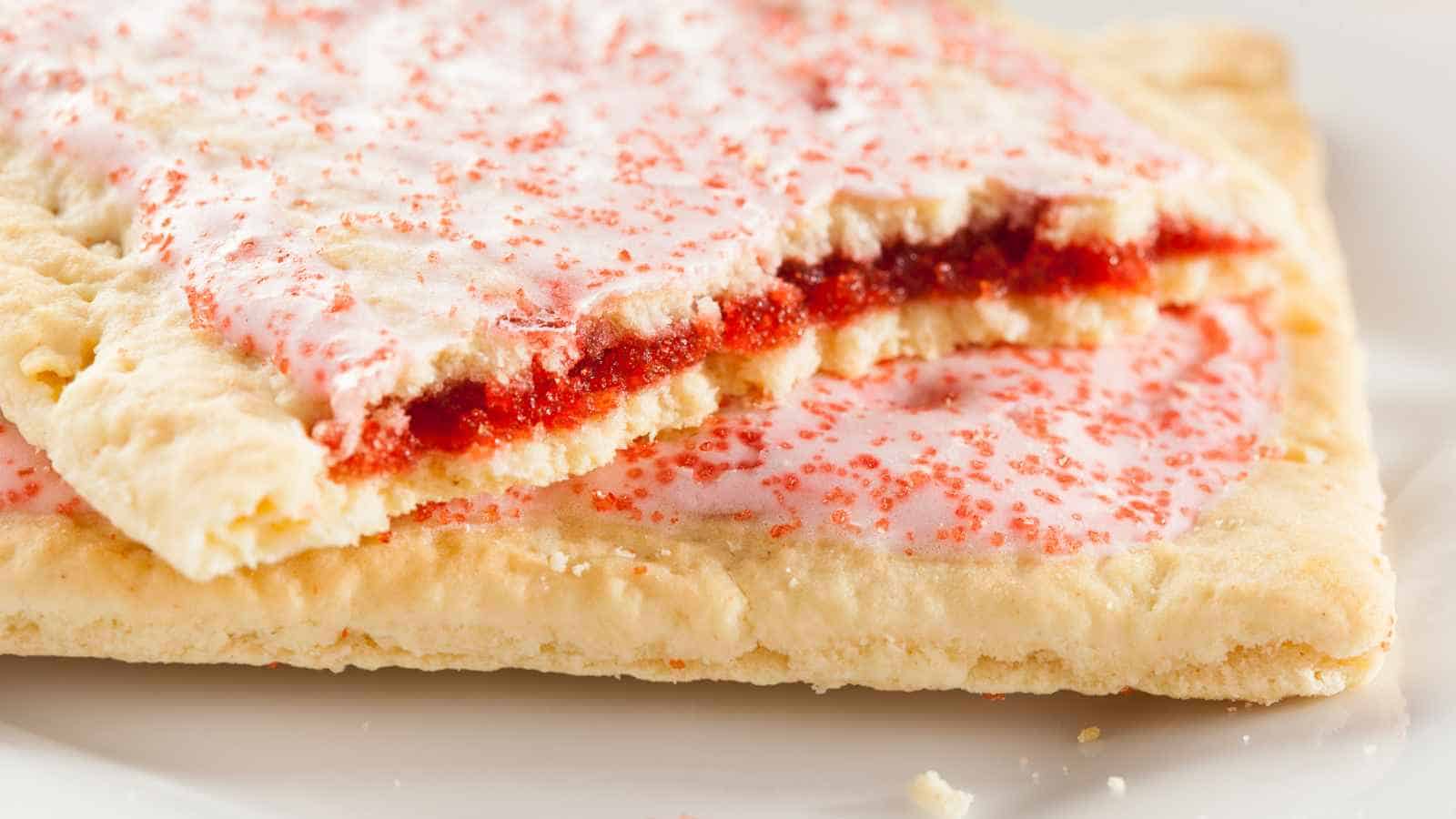 A close-up of a frosted, rectangular pastry with red sprinkles and a red fruit filling, partially broken to show the inside.