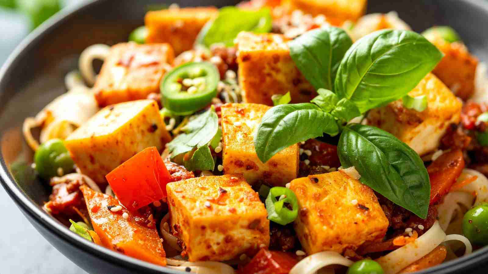 A bowl of stir-fried tofu cubes with vegetables, green chili slices, sesame seeds, noodles, and fresh basil garnish.