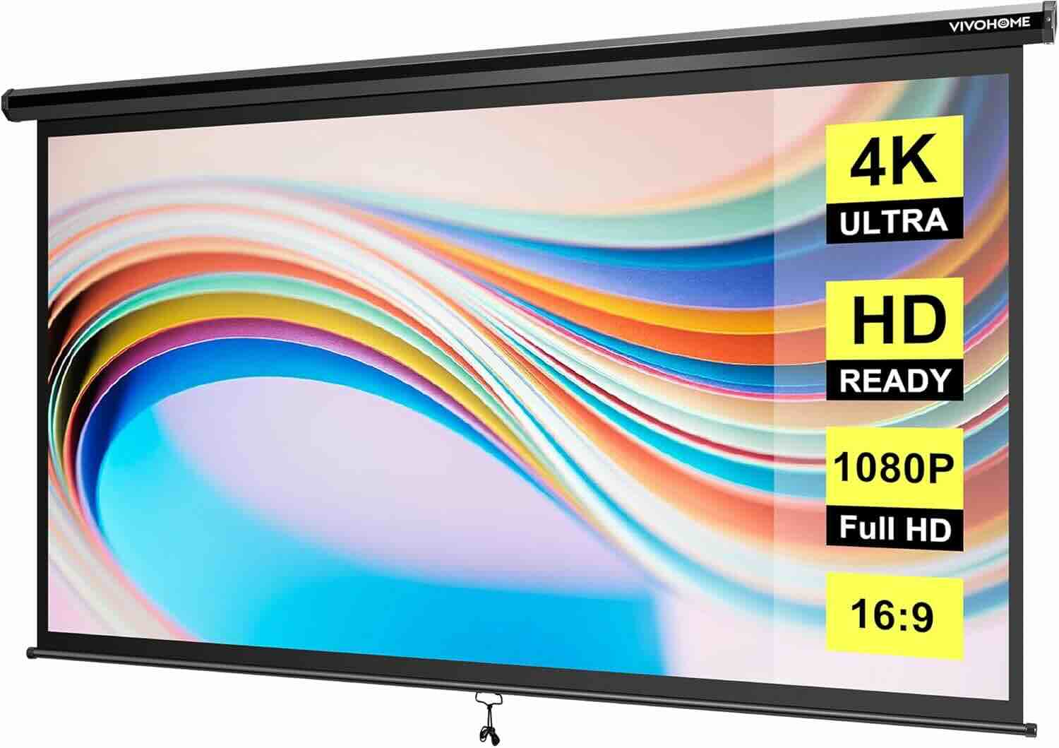 A VIVOHOME projector screen displaying colorful abstract graphics, with labels for 4K Ultra, HD Ready, 1080P Full HD, and 16:9 aspect ratio.