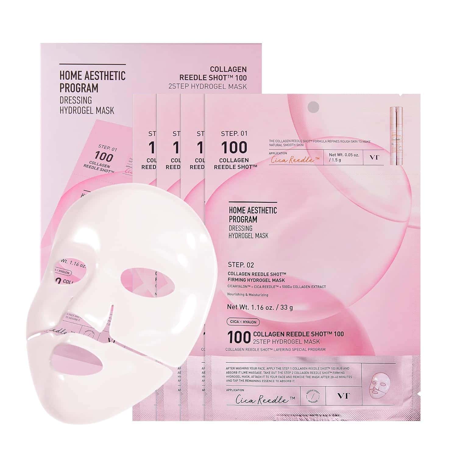 Two packets of VT Collagen Needle Shot hydrogel masks and one unfolded white face mask are displayed against a white background.