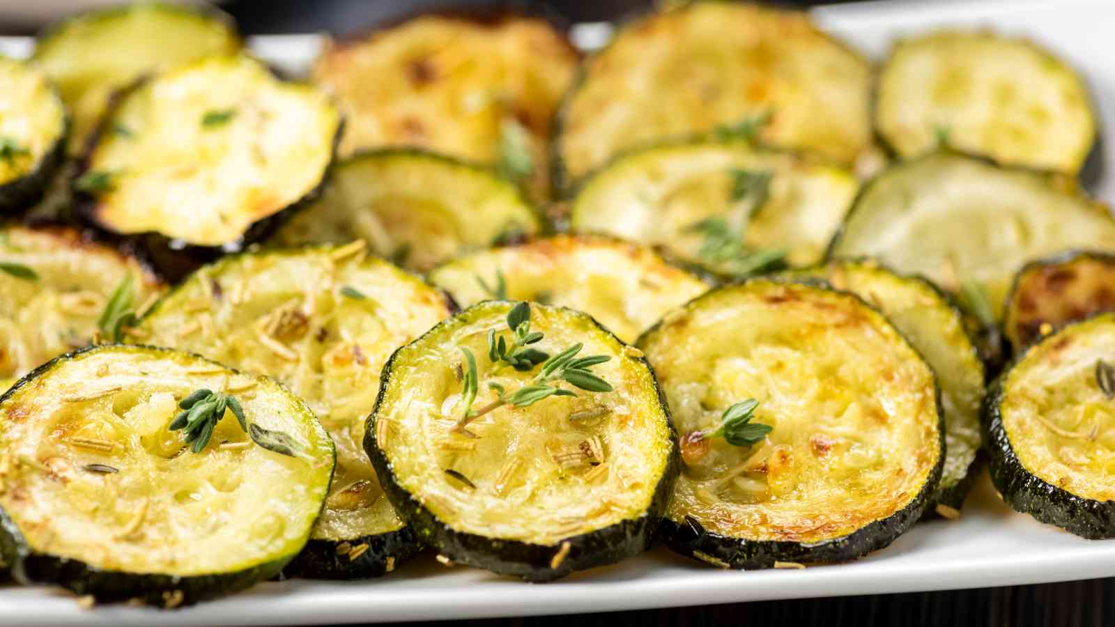 A plate of roasted zucchini slices garnished with fresh herbs, arranged in a single layer on a white rectangular dish.