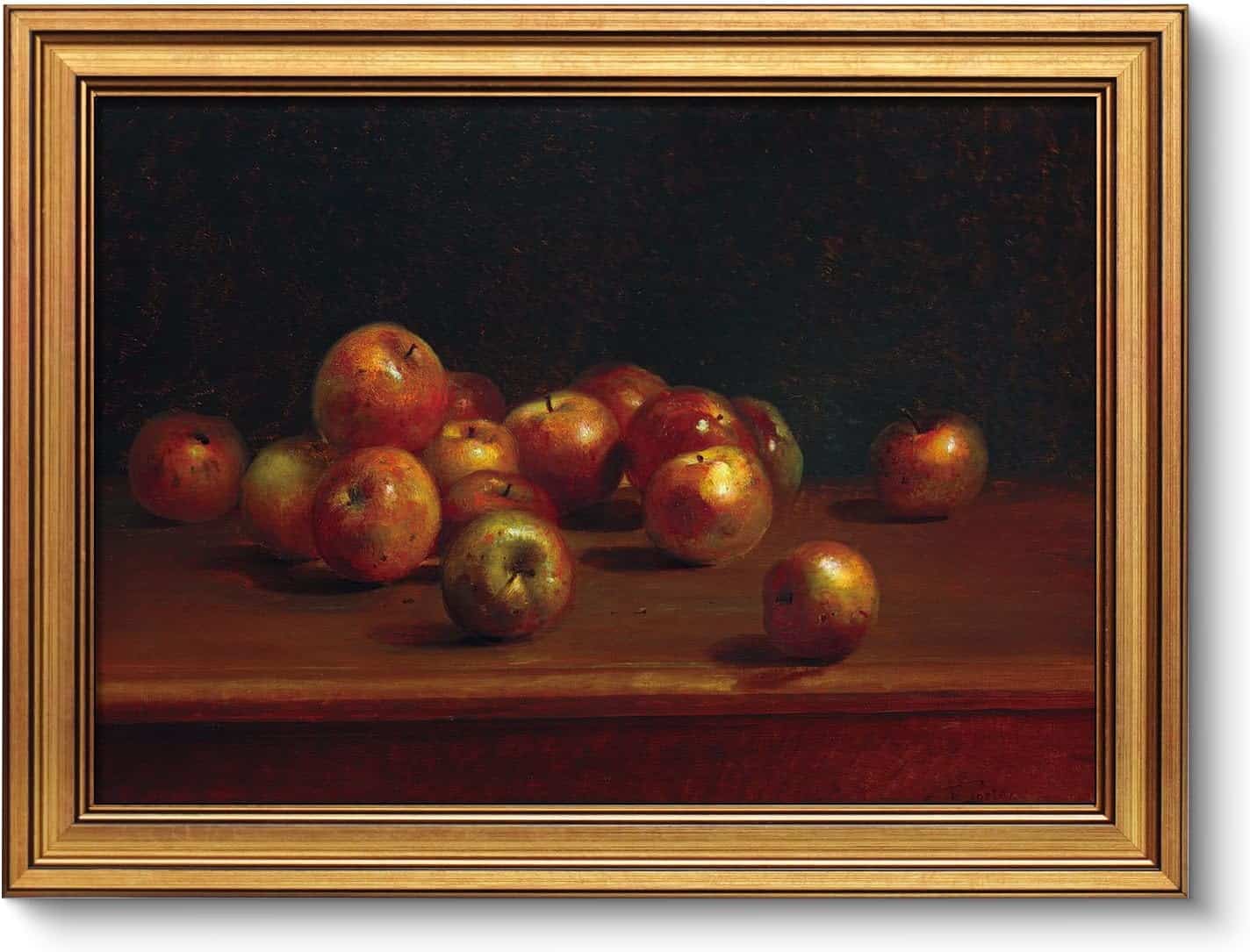 A framed painting depicting a still life arrangement of apples resting on a wooden surface against a dark background.