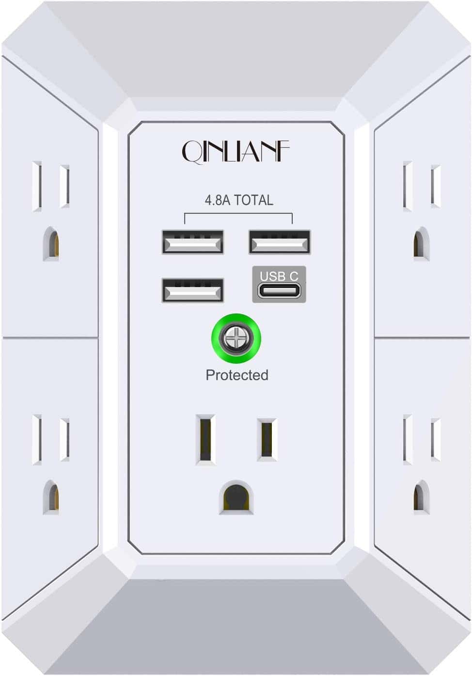 A white wall outlet extender with six AC outlets, three USB-A ports, one USB-C port, and a green "Protected" indicator light on the front.