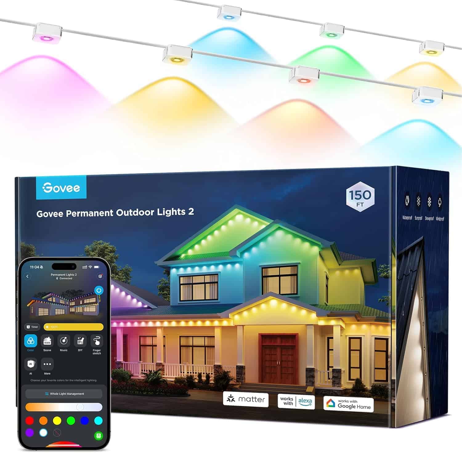 Box of Govee Permanent Outdoor Lights 2 (150 ft) shown with a smartphone app, a house lit in colors, and string lights emitting multicolored light.