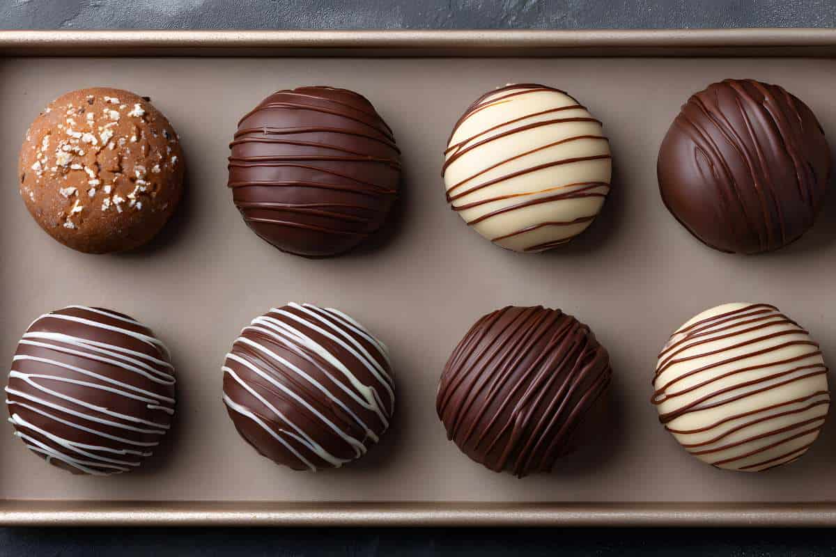 A baking tray holds eight round chocolate-covered confections, some drizzled with white or dark chocolate, and one topped with coarse sugar.