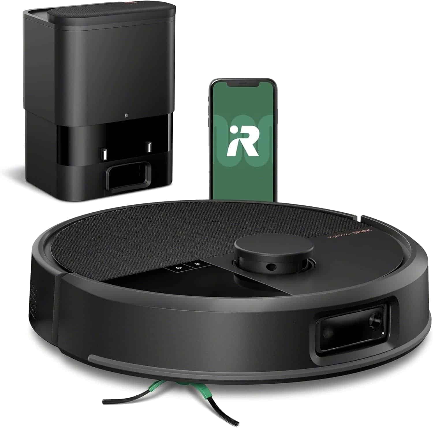 A black robot vacuum with charging dock and a smartphone displaying an app interface, shown against a white background.