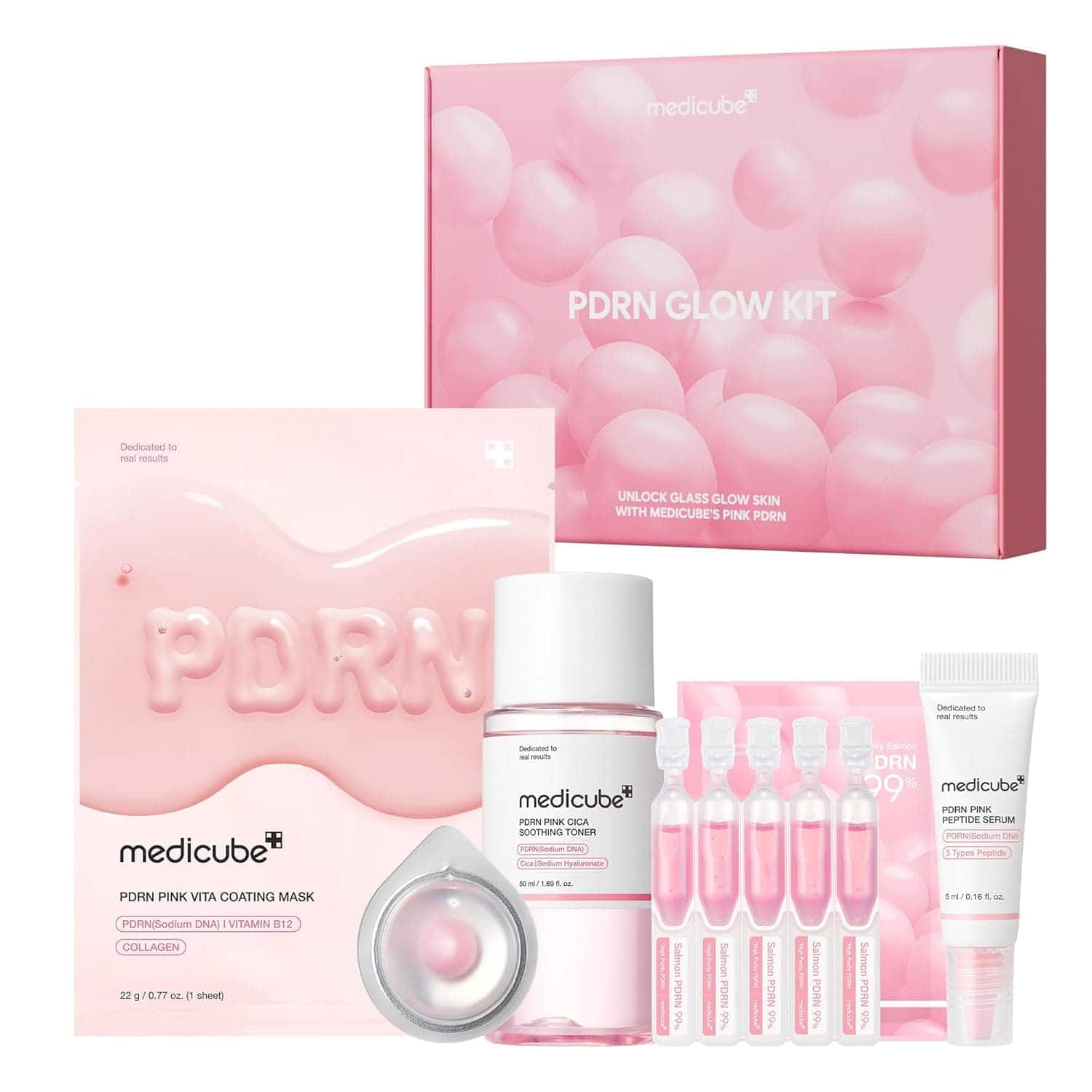 A Medicube PDRN Glow Kit with pink packaging, including a mask, serums, ampoules, a cream jar, and applicators displayed against a white background.