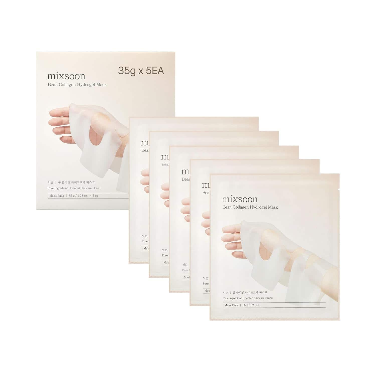 Five individually packaged mixsoon Bean Collagen Hydrogel Masks are displayed next to their box, featuring an image of a hand holding the mask on the packaging.