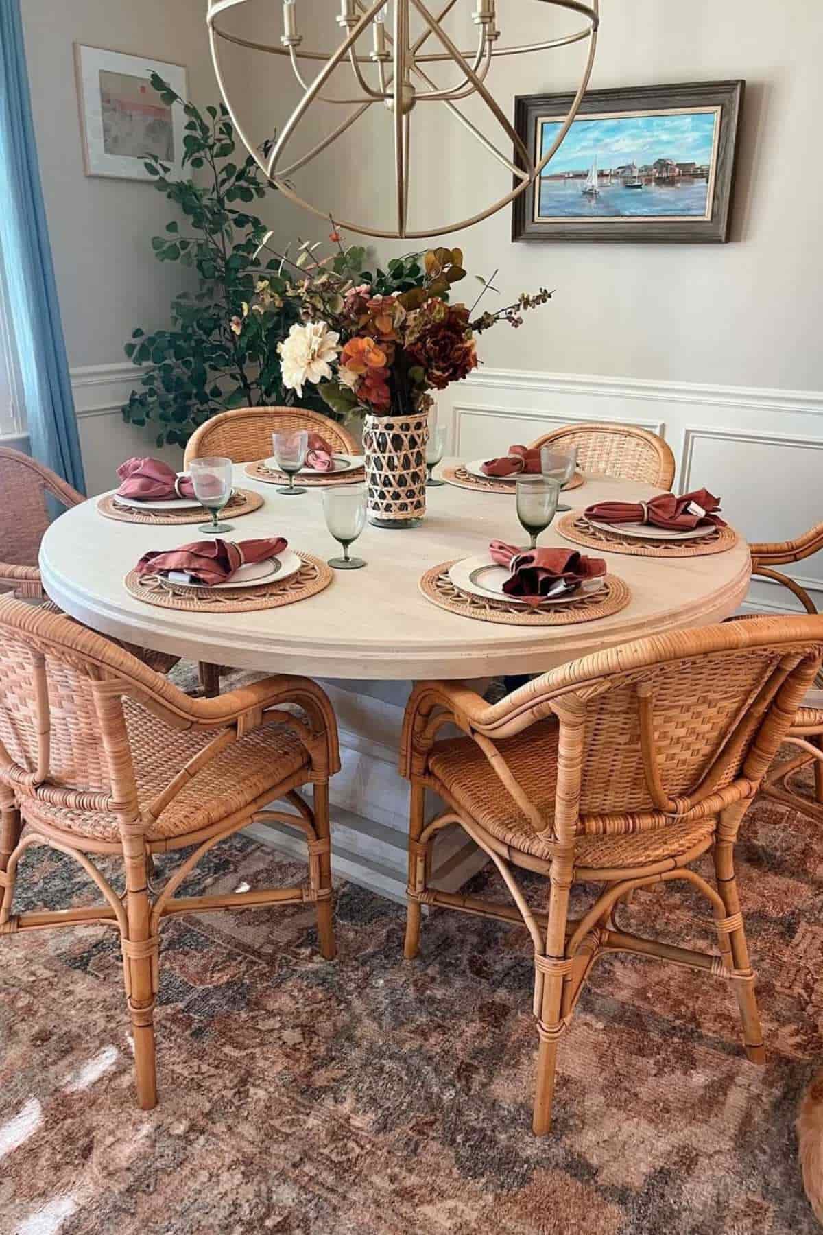 A round dining table set for five with woven chairs, glassware, plates, folded napkins, and a floral centerpiece, placed in a decorated dining room.