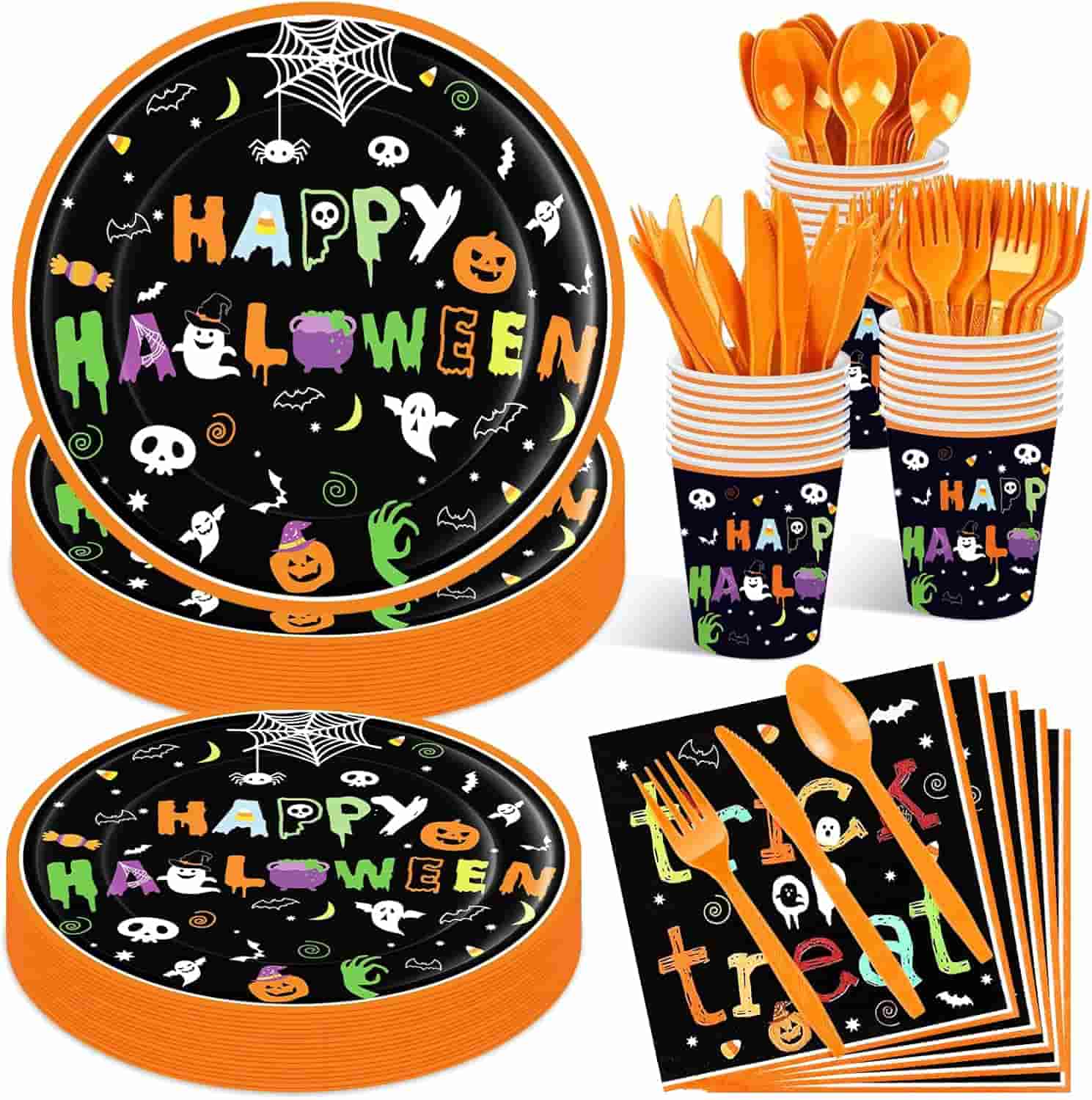 Halloween-themed party set with black plates, cups, napkins, and orange cutlery featuring festive designs like pumpkins, ghosts, spiders, and the words "Happy Halloween.
