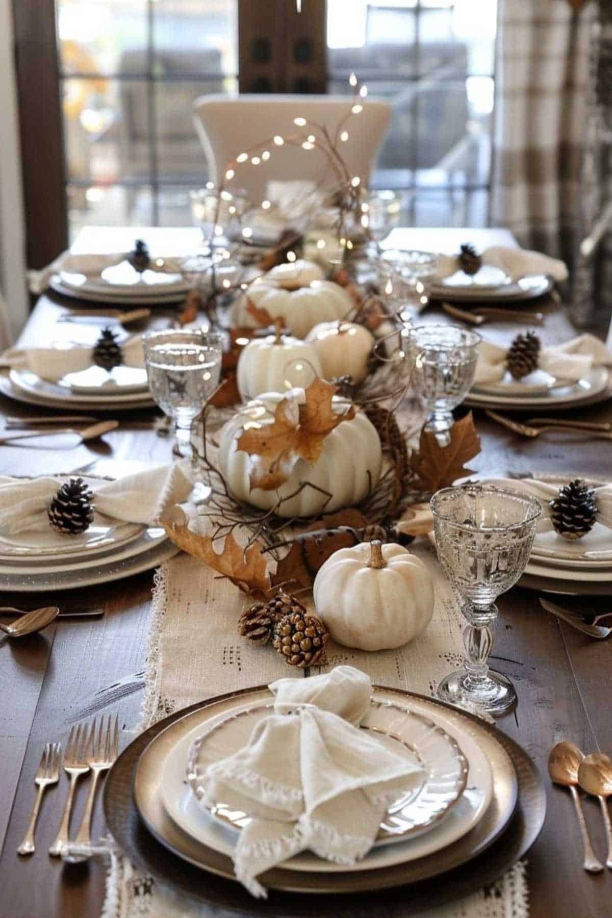 Formal dining table set for autumn with white pumpkins, pine cones, glassware, and neutral-toned plates on a lace runner; soft lighting and seasonal decor.