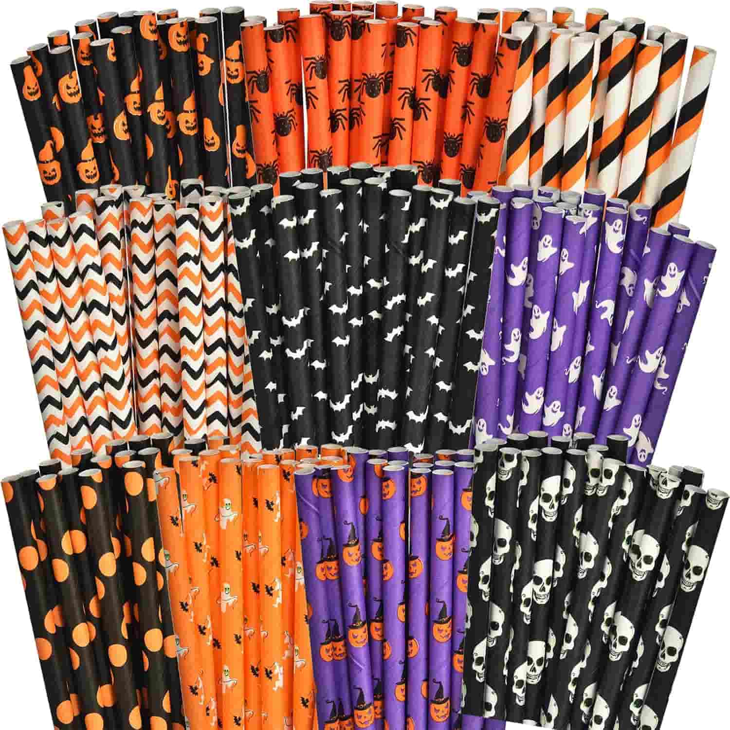 A variety of Halloween-themed paper straws featuring patterns of pumpkins, bats, ghosts, skulls, spiders, polka dots, and chevron stripes in black, orange, white, and purple.