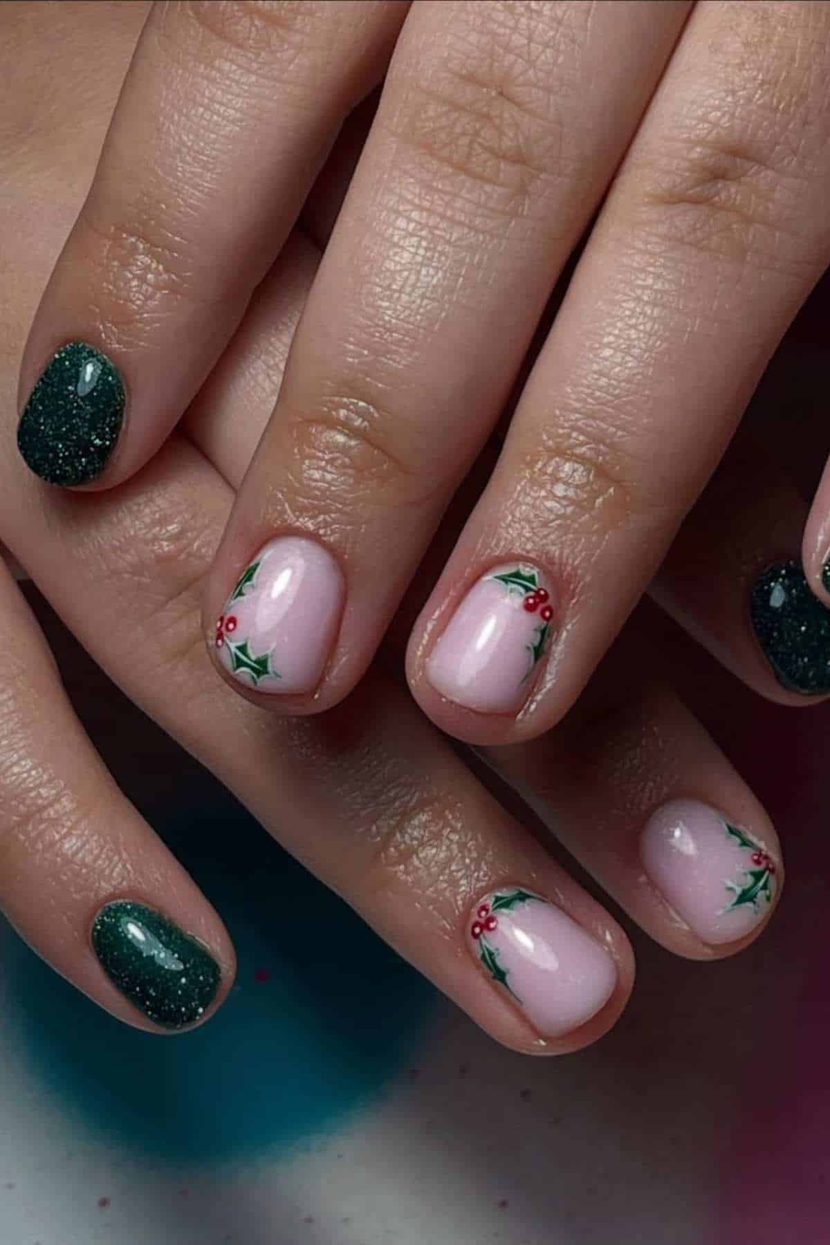 Close-up of hands with manicured nails; most nails are painted light pink with small holly leaf and berry designs, while a few nails are painted dark green with glitter.