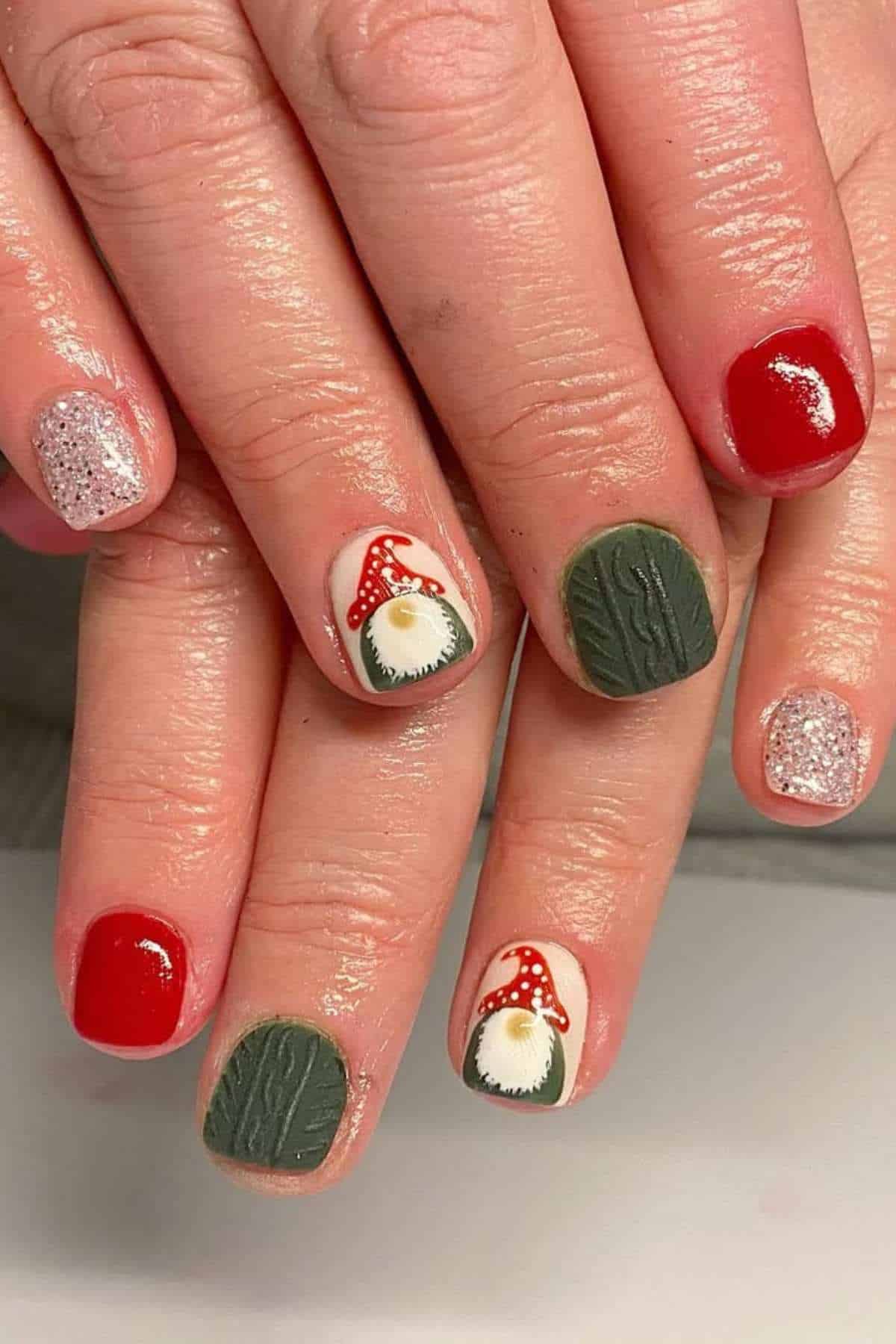 Hands with festive nail art featuring red, green, and silver glitter polish, with accent nails depicting gnomes and a knit sweater texture.