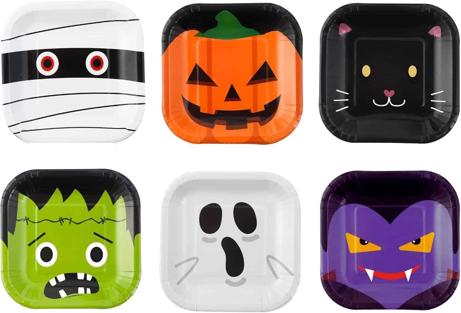 Six square paper plates with Halloween designs: mummy, pumpkin, black cat, Frankenstein, ghost, and vampire, arranged in two rows of three.