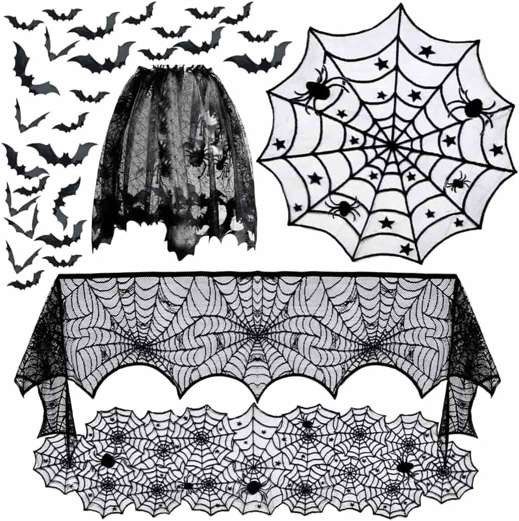 A set of black Halloween decorations including bat wall stickers, a spiderweb cape, a spiderweb tablecloth, and a spiderweb doily with spider accents.